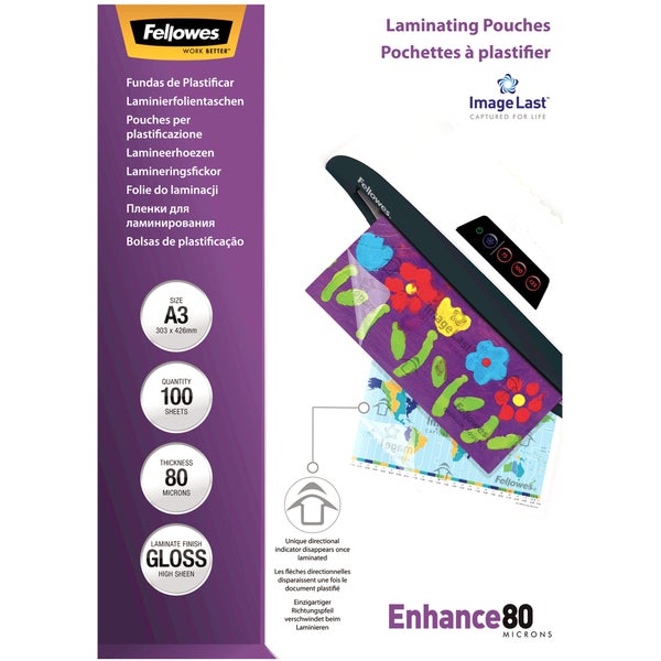 Fellowes Laminating Pouches A3 Gloss 80 Micron Pack 100 -