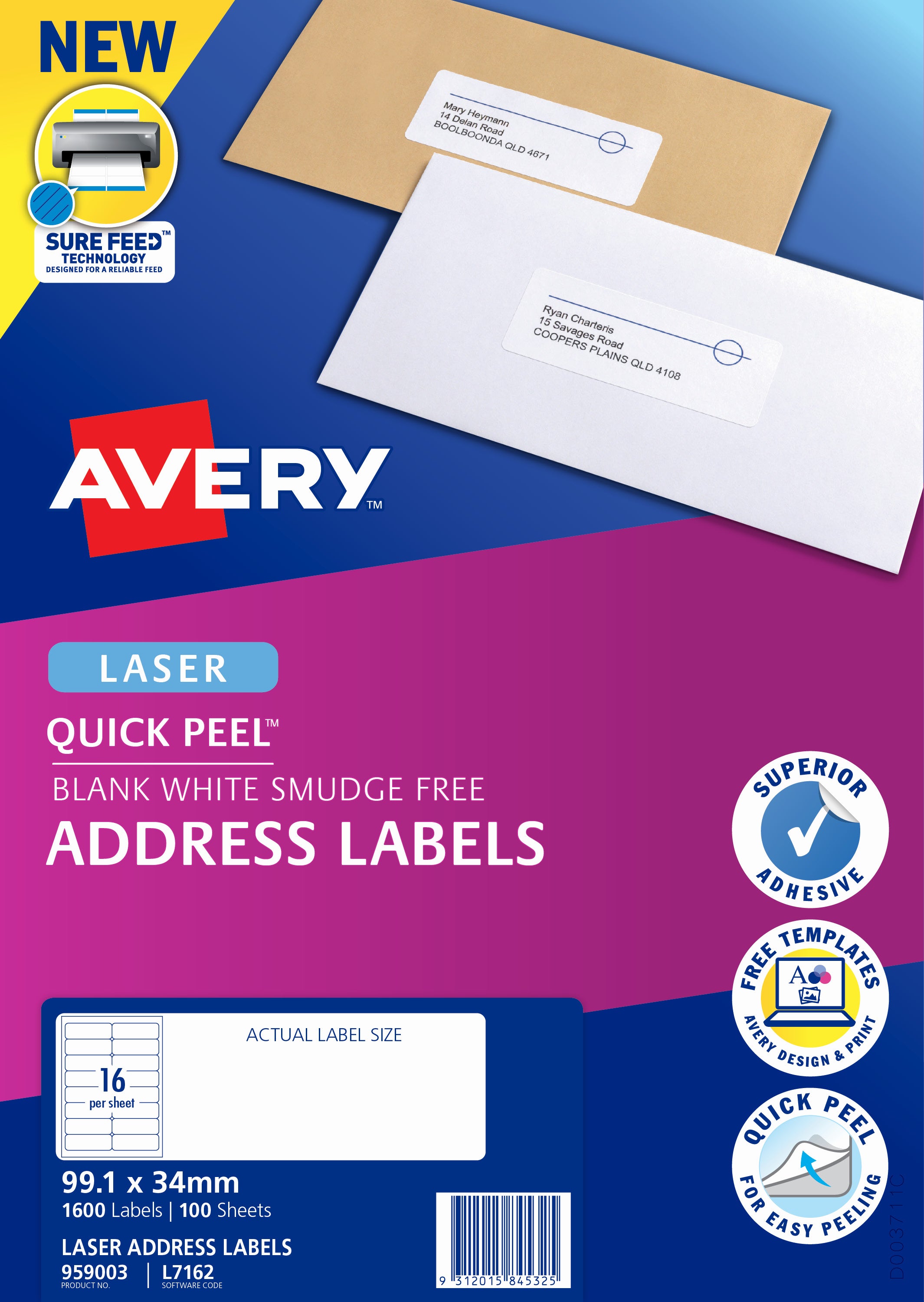 Avery Label L7162 99.1x33.9mm 100 Sheets Paper Plus