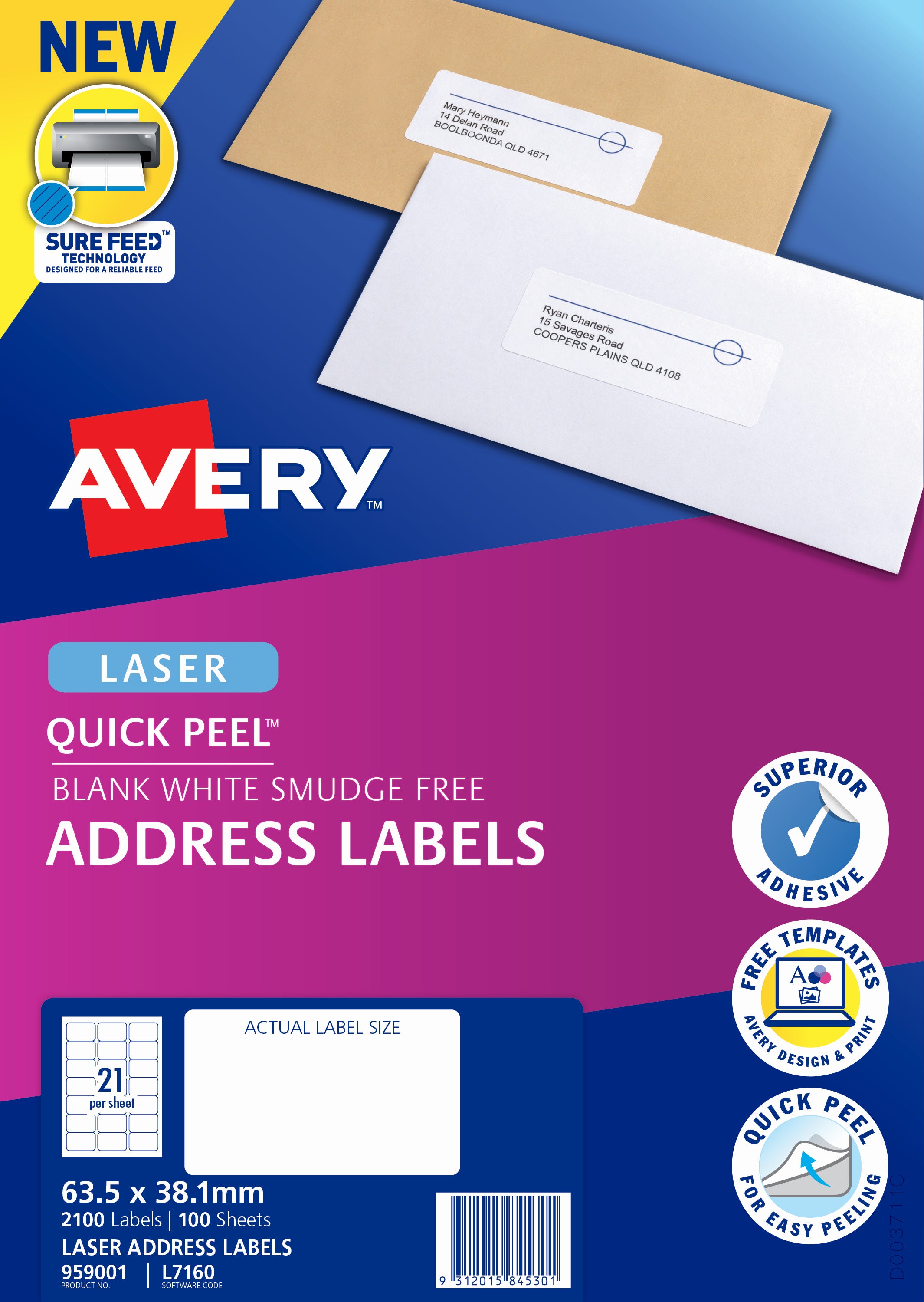 Avery Label L7160 Laser Address Labels 63.5x38.1mm 100 Sheets Paper Plus