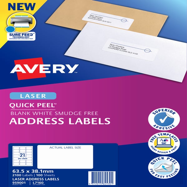 Avery Label L7160 Laser Address Labels 63.5x38.1mm 100 Sheets | Paper Plus