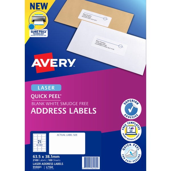 Avery Label L7160 Laser Address Labels 63.5x38.1mm 100 Sheets