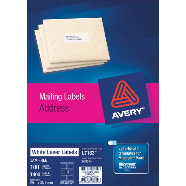 Avery Laser Label Address L7163 99.1x38.1mm 100 Sheets
