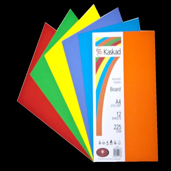 Kaskad Board A4 225gsm Assorted Brights Pack 12 -