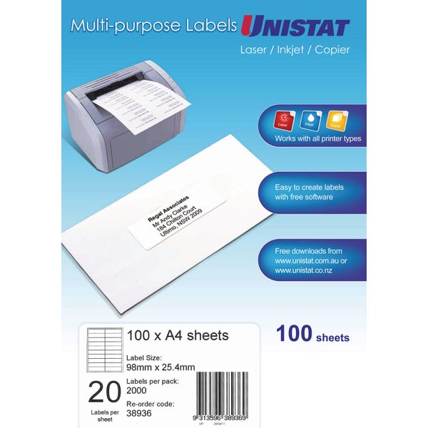 Unistat Multi Purpose Labels Laser/Inkjet/Copier A4 100 Sheets -
