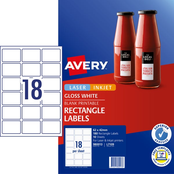 Avery Label L7109 Rectangular White Glossy 18up 10 Sheets Paper Plus