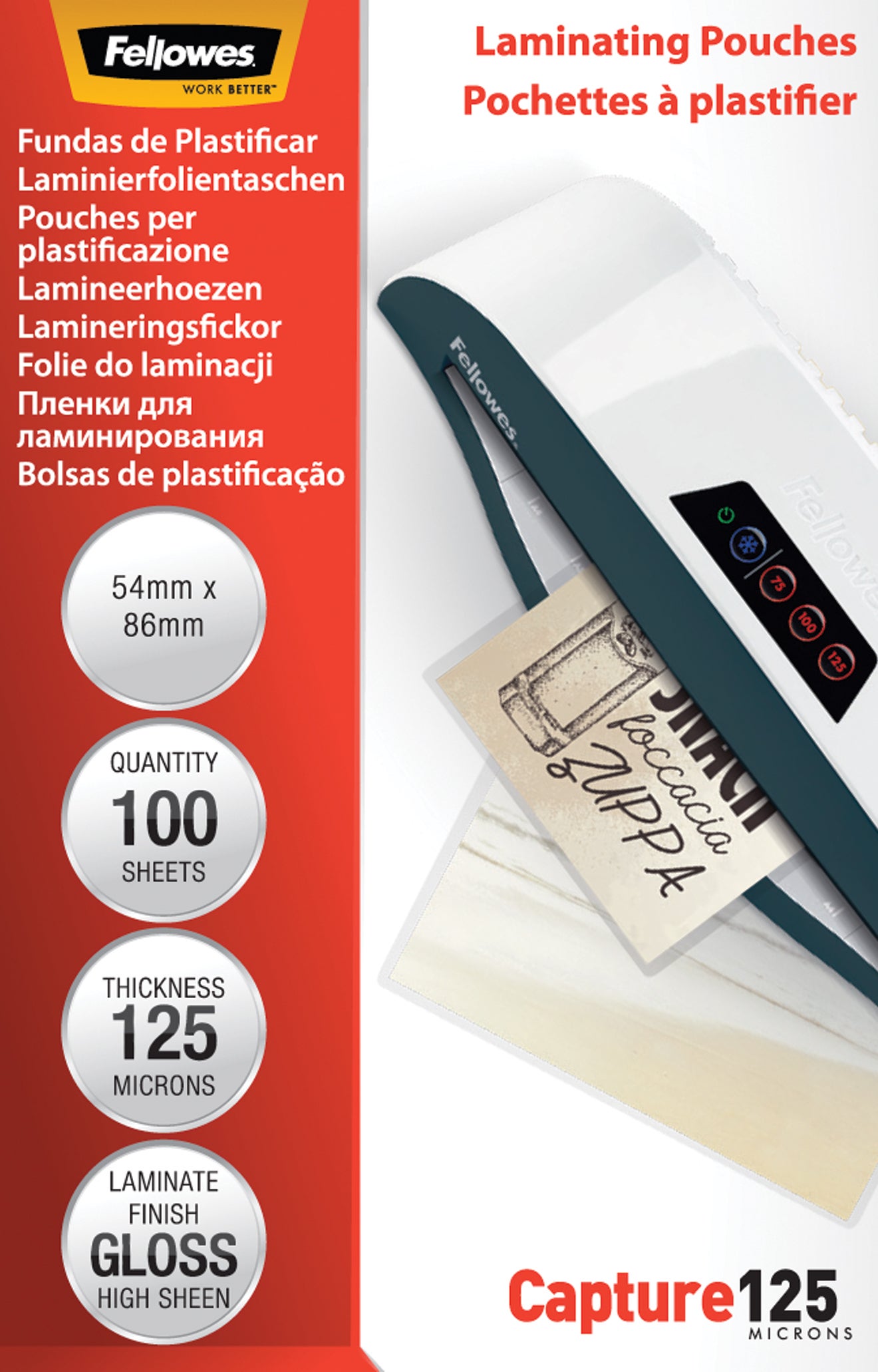 Fellowes Laminating Pouches 54x86mm 125 Micron Pack 100 Paper Plus