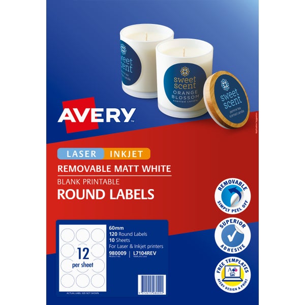 Avery Label L7104REV Round White 60mm 12up 10 Sheets | Paper Plus