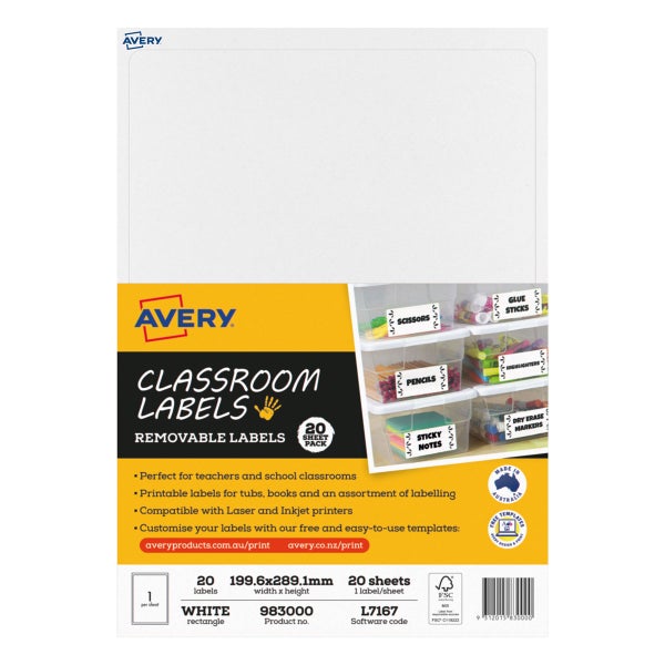 Avery Classroom Labels 1up 20 Sheets L7167 | Paper Plus