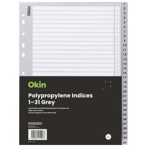 Icon A4 Polypropylene Indices Numbered 1-31 Grey | Paper Plus