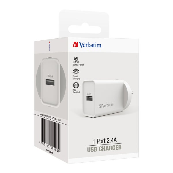 Verbatim Essentials USB Charger Single Port 2.4A White -