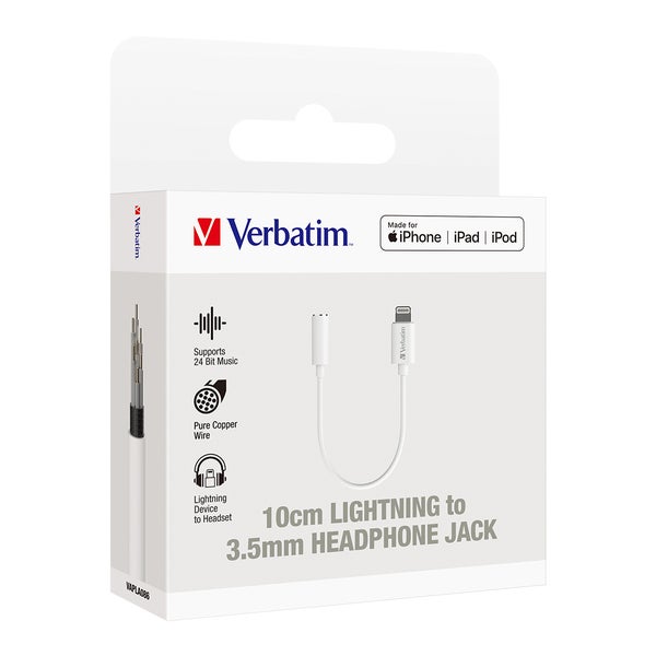 Verbatim Essentials Lightning to 3.5mm Headphone Jack 10cm White -