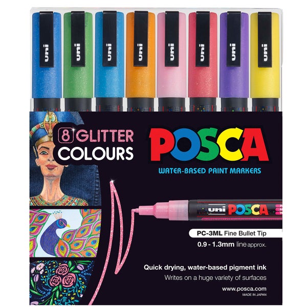 Uni Posca Marker 0.9-1.3mm Fine 8 Pack Glitter PC-3M | Paper Plus