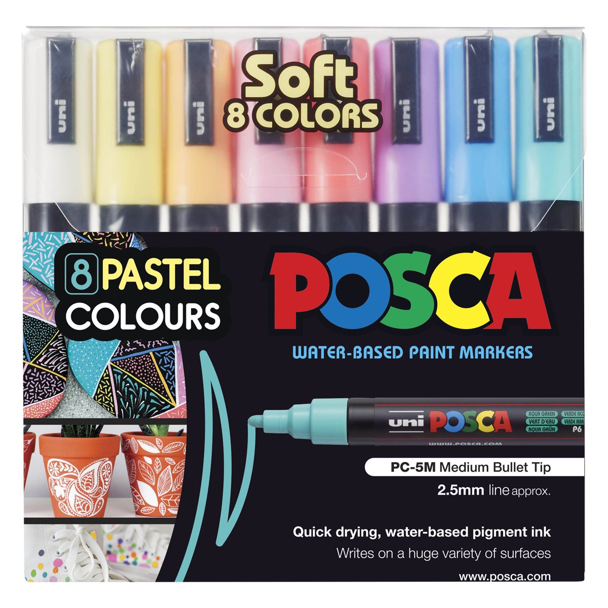 Uni Posca Marker 1.8-2.5mm 8 Piece Soft Colours PC-5M | Paper Plus