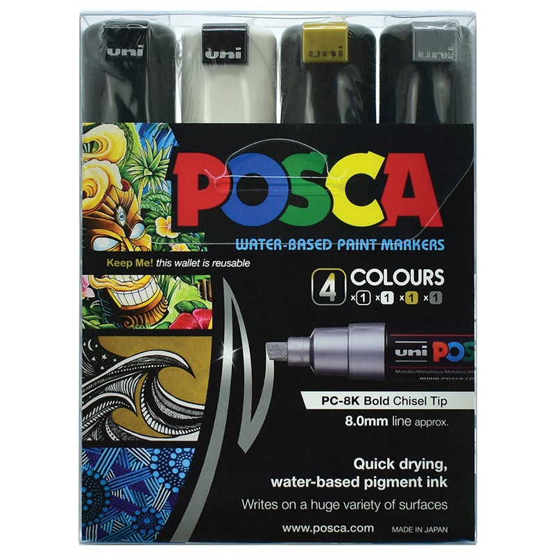 Uni Posca Marker 8.0mm Bold Chisel 4 Pack Black White Gold Silver PC-8K ...