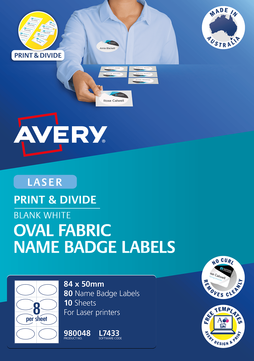 Avery Oval Fabric Name Badge Labels 84x50 mm, L7433, 10 Sheets Paper Plus