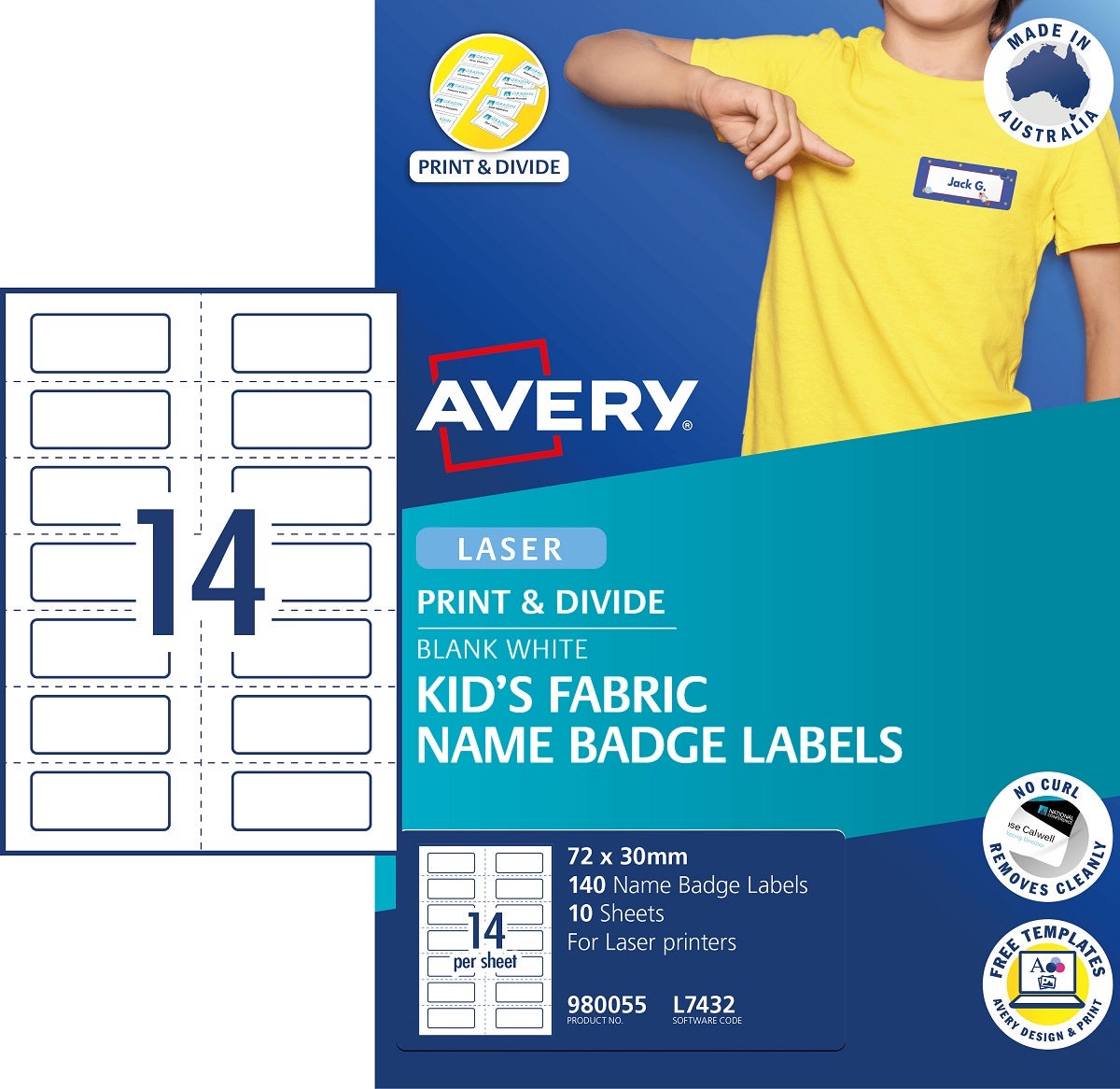 Avery Kids Fabric Name Badge Labels 72x30 mm, L7432, 10 Sheets Paper Plus
