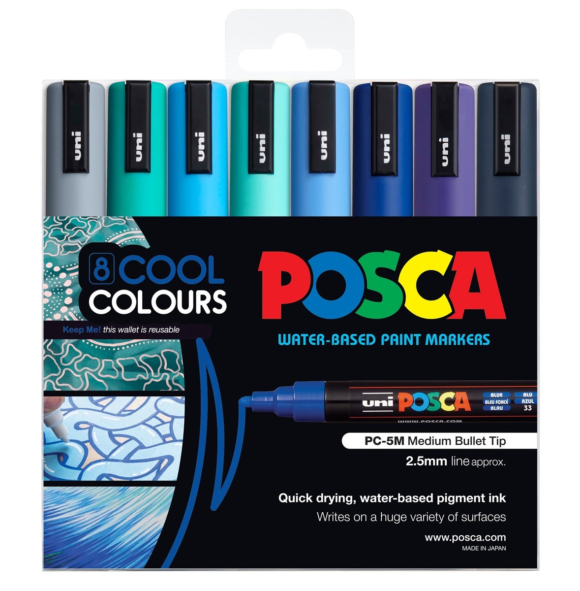 Uni Posca Marker, Medium, Bullet, Cool Colours, Pack