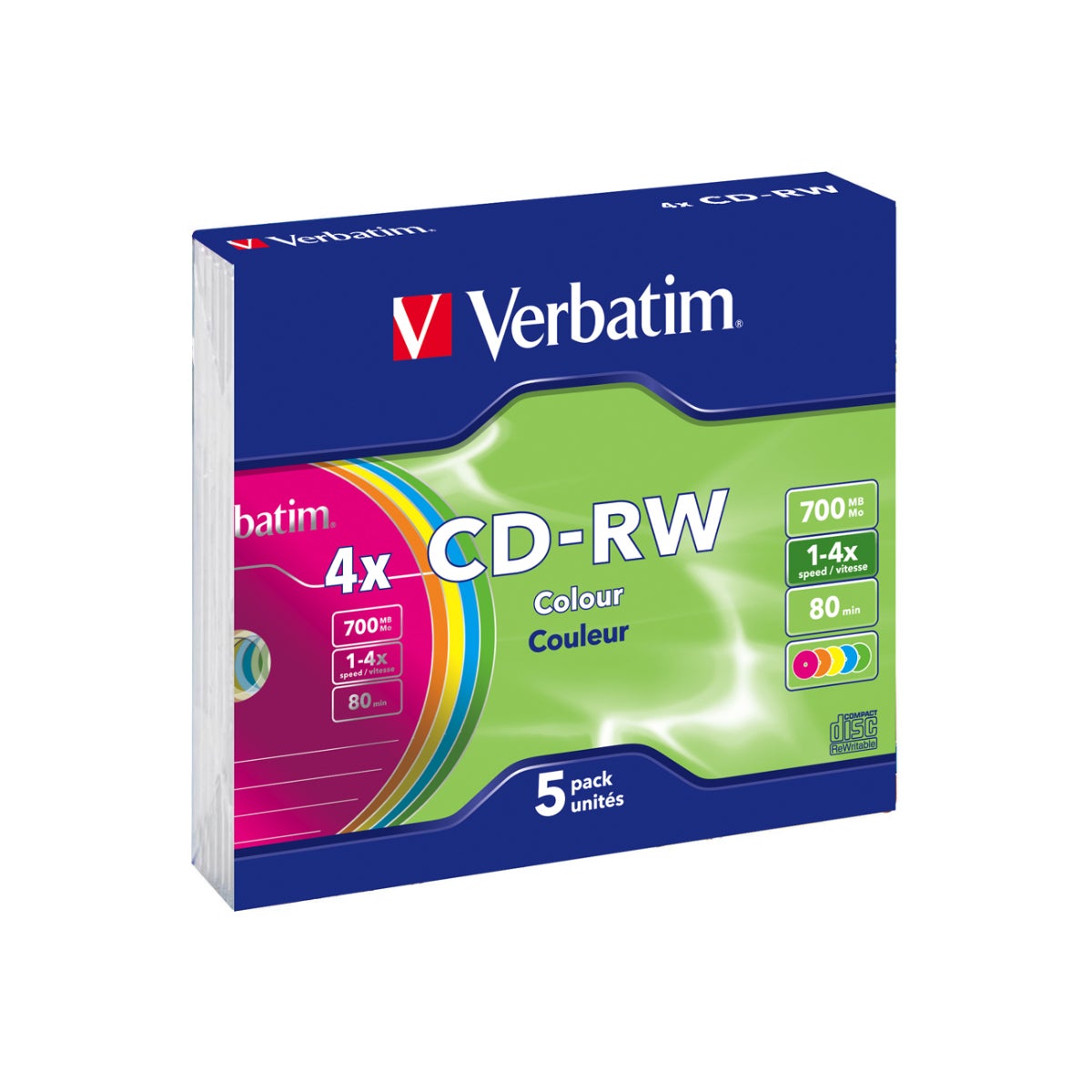 Verbatim CD-RW 700MB 2x-4x Slim Coloured Case 5 Pack | Paper Plus